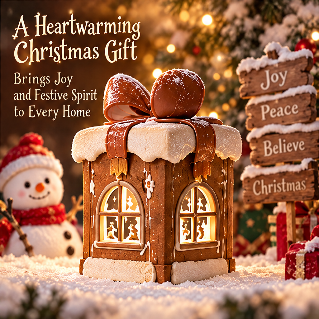 Christmas gift box house displayed beside a snowman and festive sign with A Heartwarming Christmas Gift text.