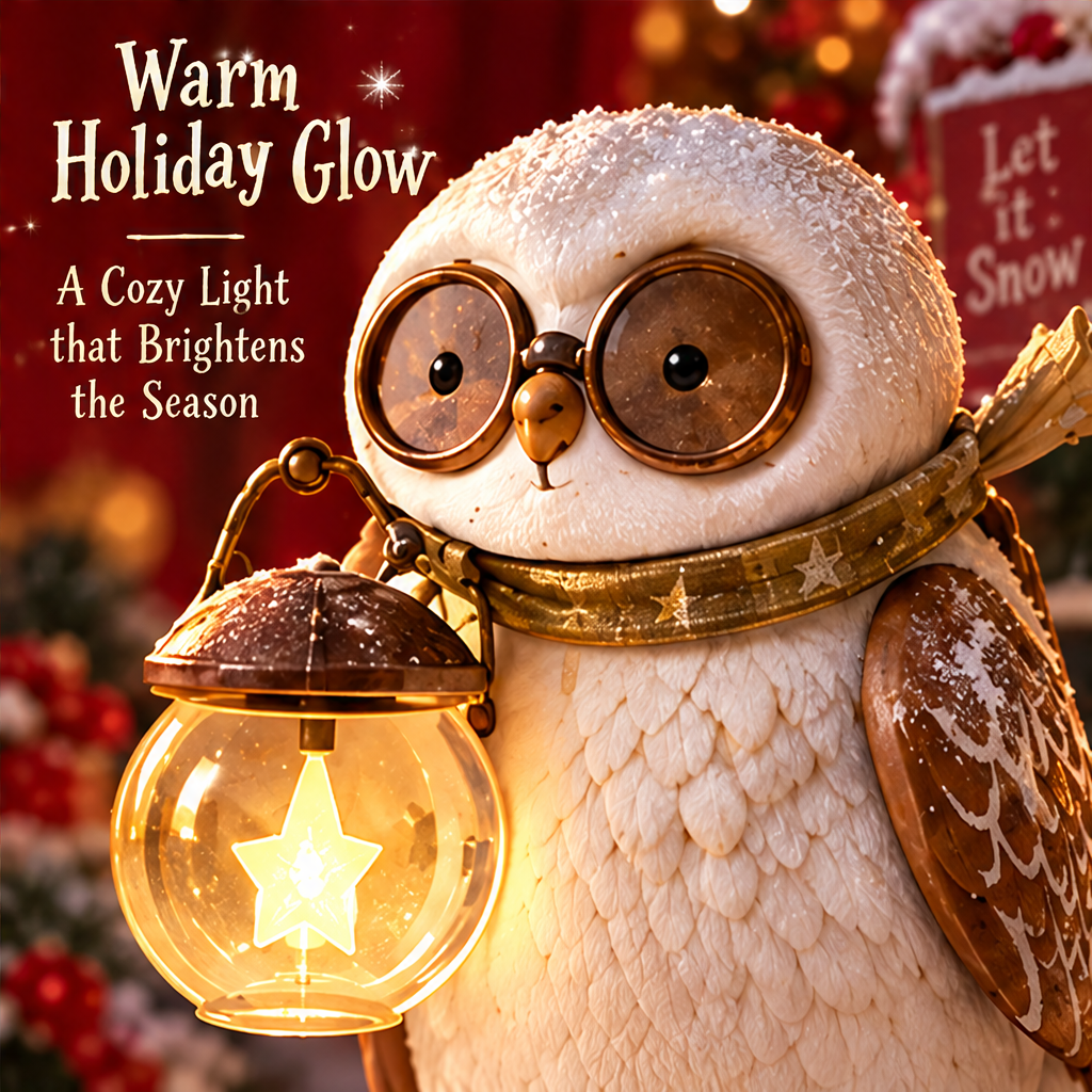 Close-up of the owl's round glasses, layered white feather details and glowing star lantern with Warm Holiday Glow text.